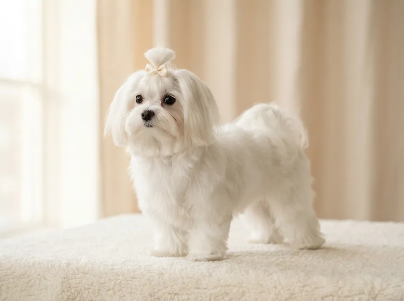 Pure white Maltese puppy with a top knot and long silky coat for sale in Singapore