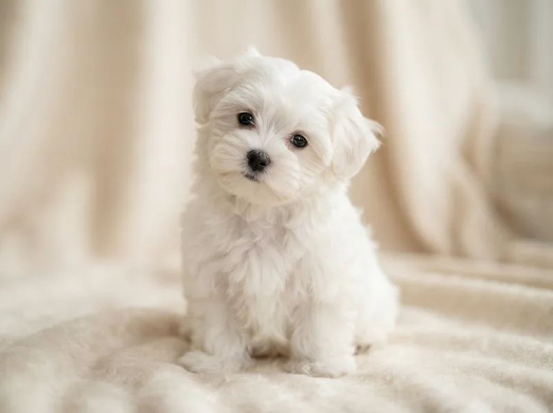 Fluffy pure white Maltese puppy sitting, for sale in Singapore