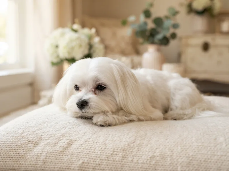 Pure white Maltese puppy relaxing on a cushion, for sale in Singapore